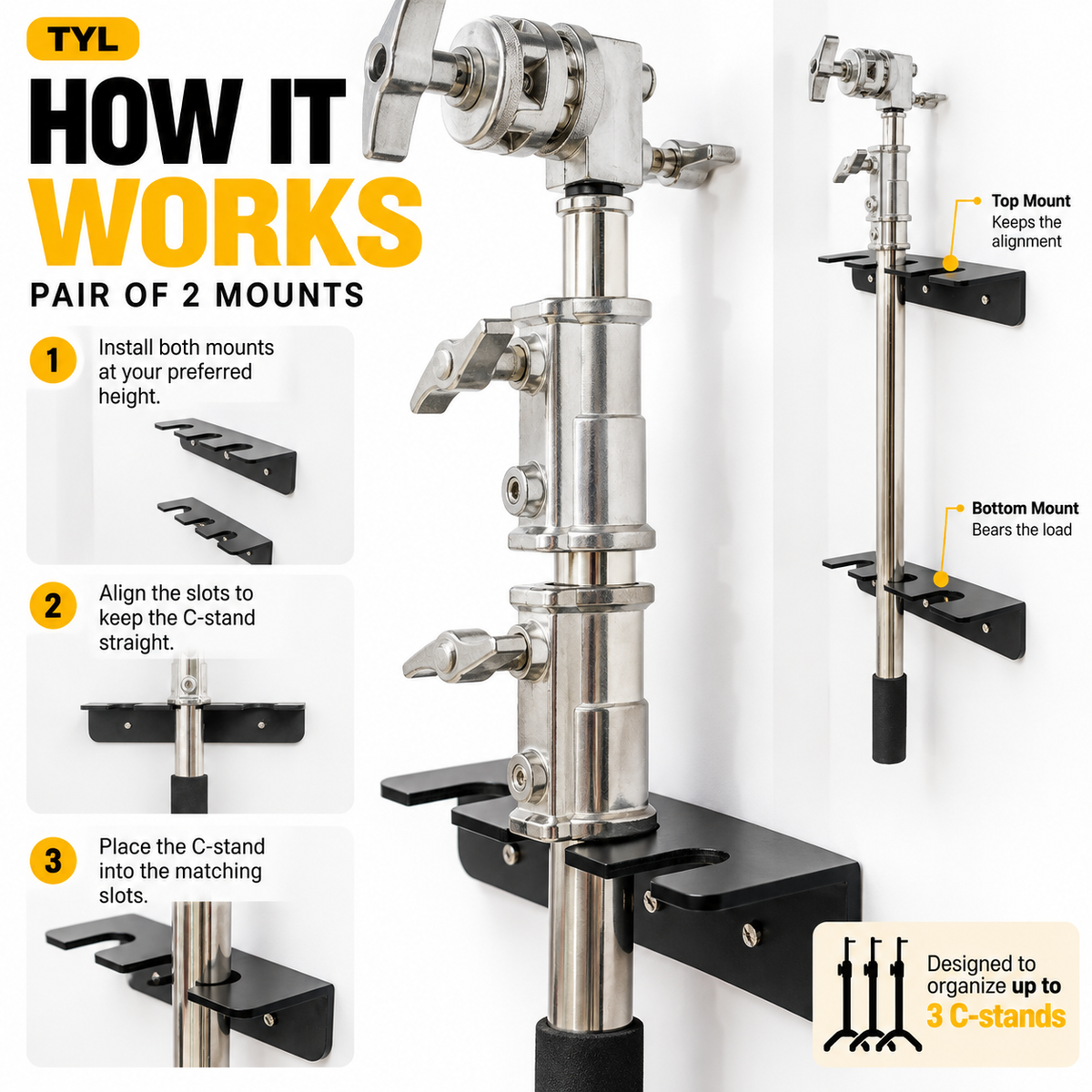 TYL 3-in-1 C-Stand Wall Mount – Pair of 2 | Space-Saving C-Stand Storage Brackets