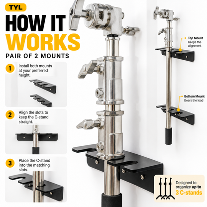 TYL 3-in-1 C-Stand Wall Mount – Pair of 2 | Space-Saving C-Stand Storage Brackets
