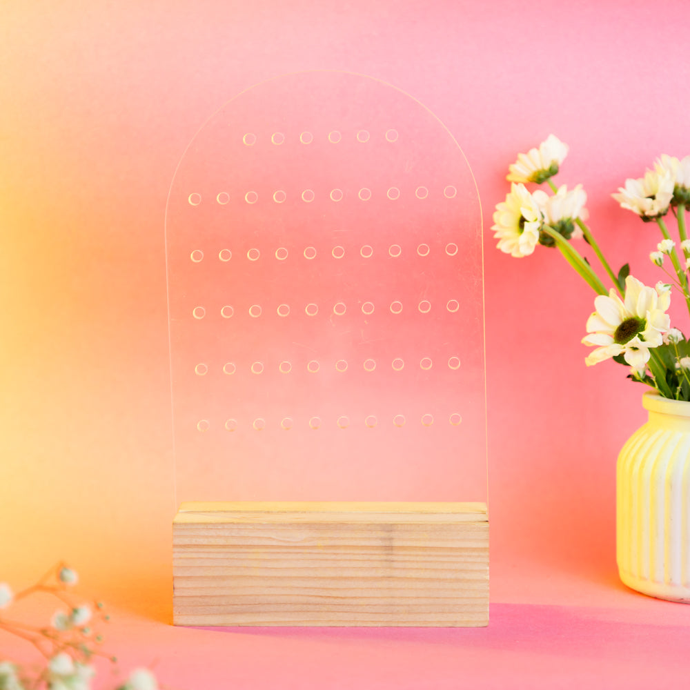 TYL Acrylic Earring Display Stand With Natural Wooden Base