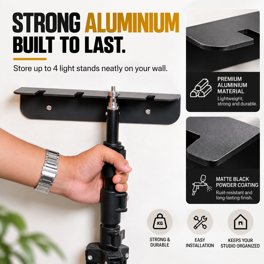 Four light stands stored on one TYL 4-in-1 Light Stand Wall Mount